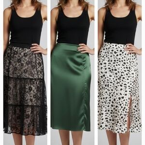 ECI Black Lace, Green Satin, White Spotted Midi Skirts